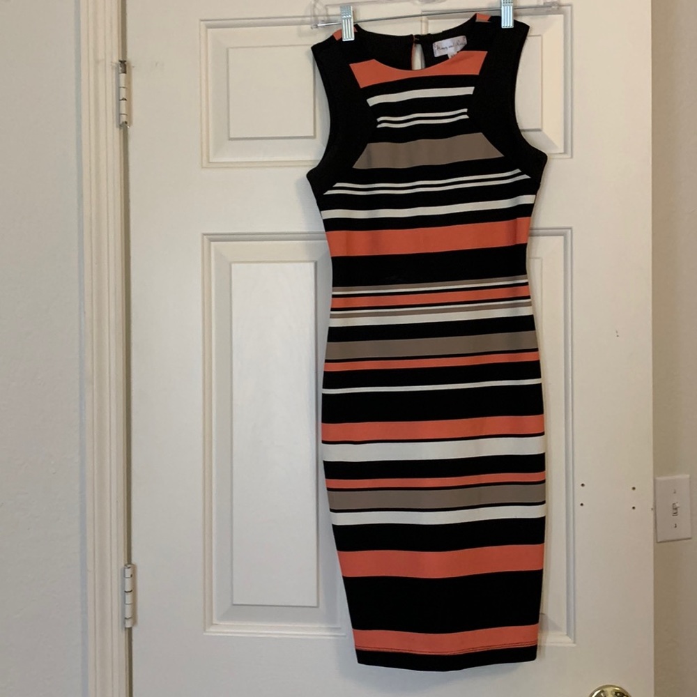 XS honey and Rosie sleeveless midi dress, black, tan cream, and melon.